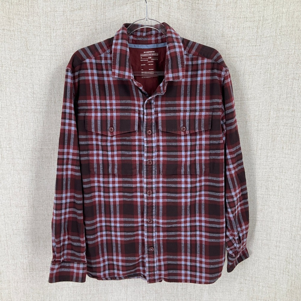 REI Co-op Flannel Shirt Mens L Burgundy Plaid Outdoor Casual Cabincore Rugged